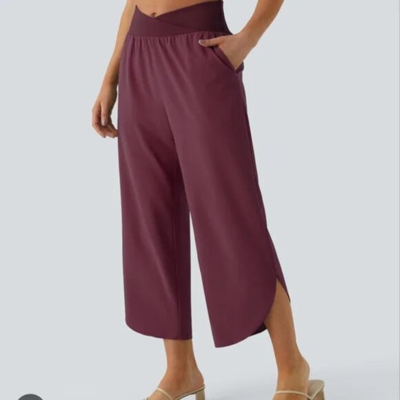 Halara Pants High Waist Yoga Crossover Pockets Brown Red - Size Medium - Picture 1 of 9